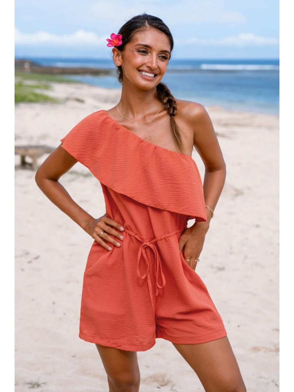 NWT Cupshe Orange Ruffled One-Shoulder Romper - Size: Extra Large